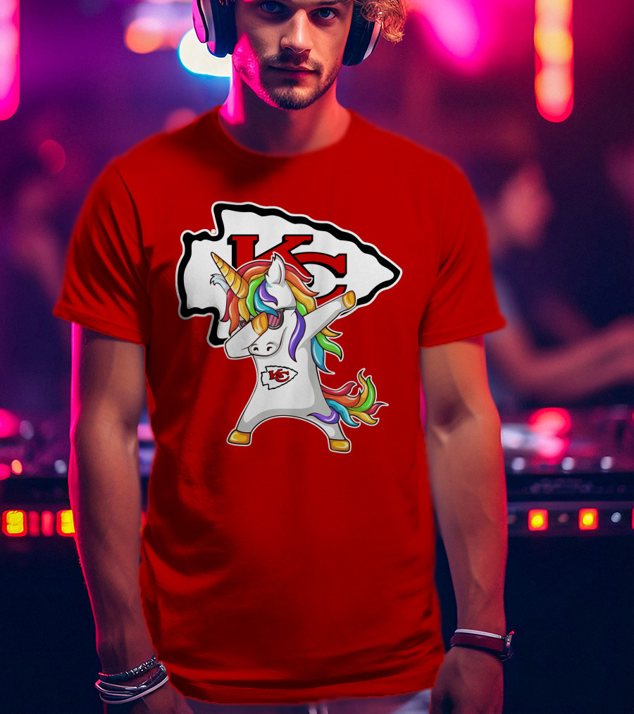 Kansas City Chiefs Unicorn Dabbing KC Logo Rainbow Mane T-Shirt