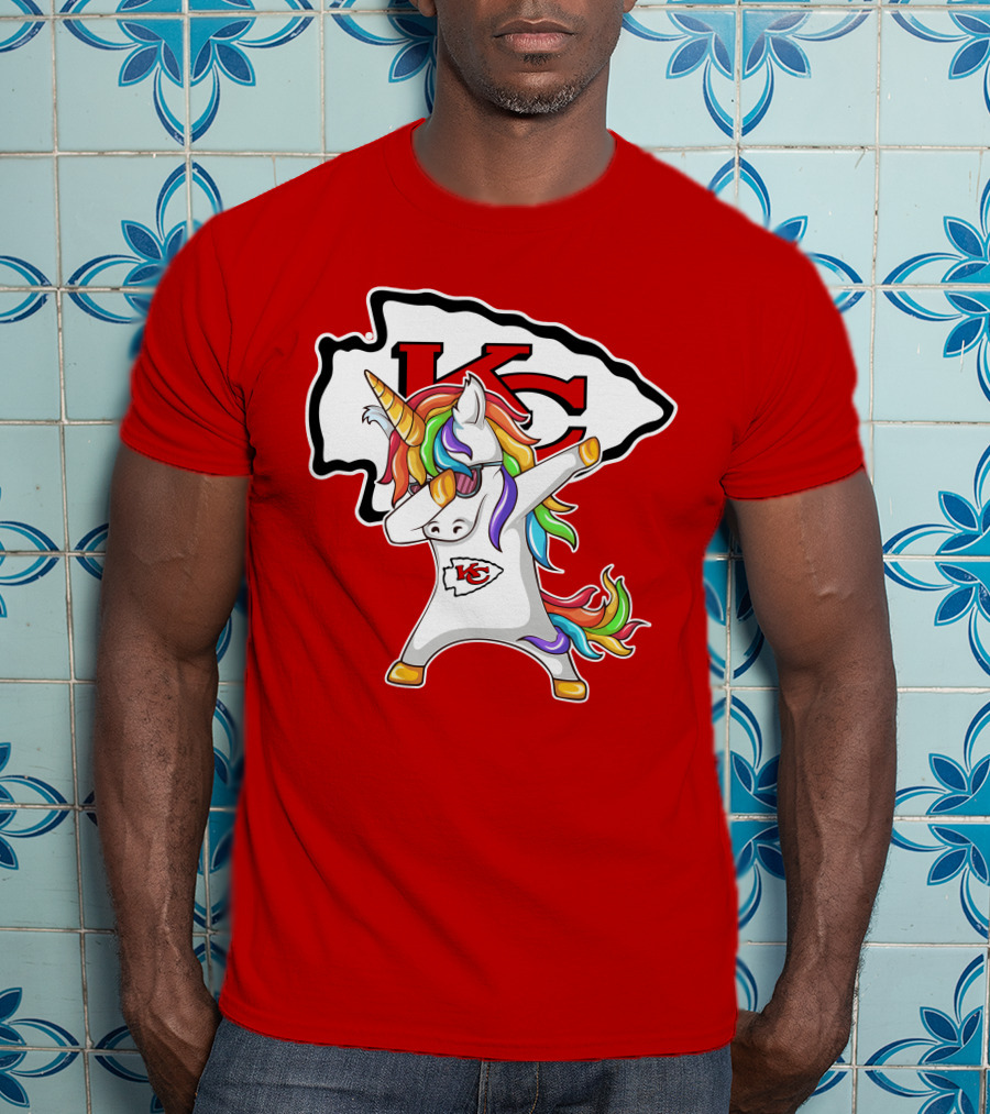 Kansas City Chiefs Unicorn Dabbing KC Logo Rainbow Mane T-Shirt
