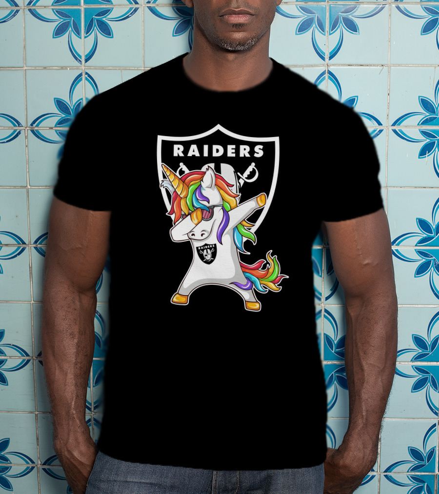 Las Vegas Raiders Unicorn Dabbing With Rainbow Mane In Shield T-Shirt