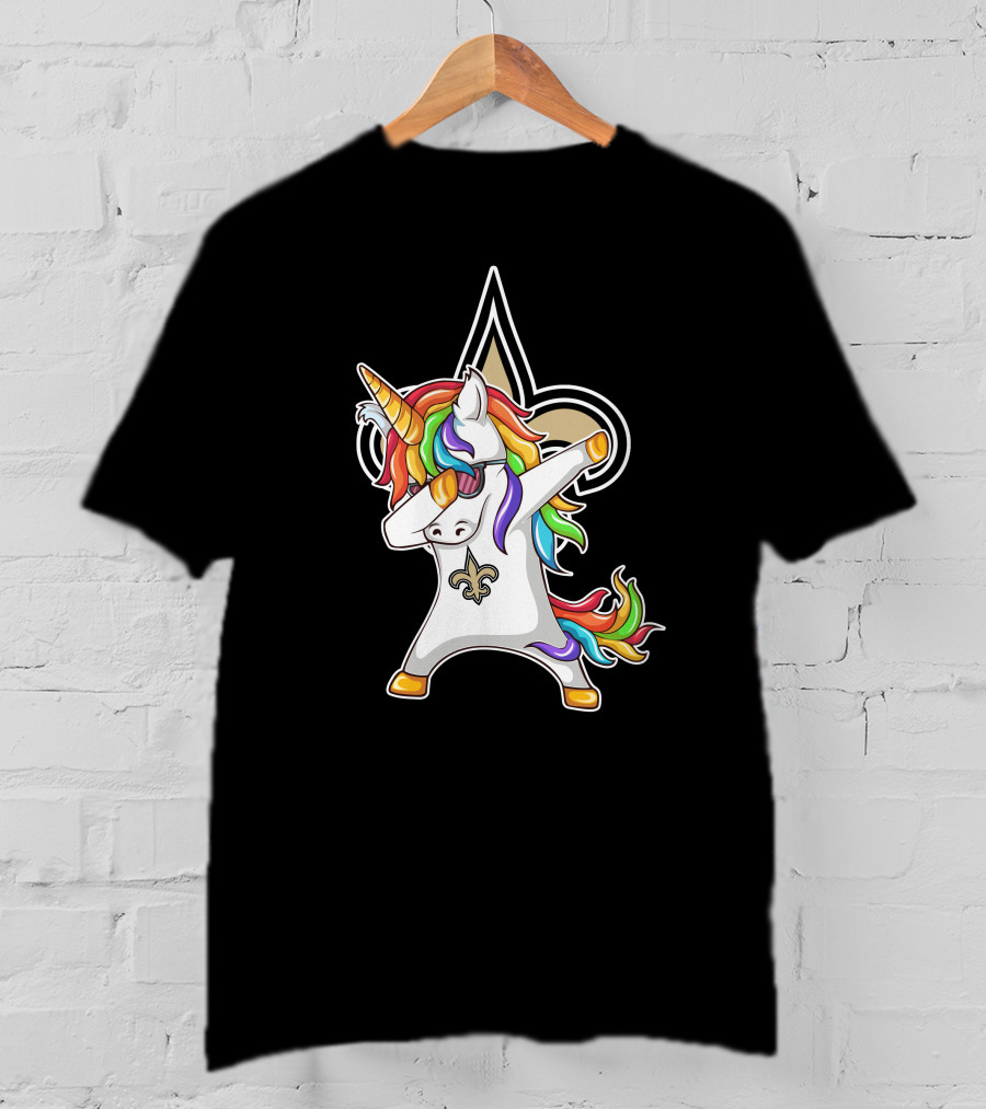 New Orleans Saints Unicorn Dabbing Fleur-de-Lis Rainbow Mane T-Shirt