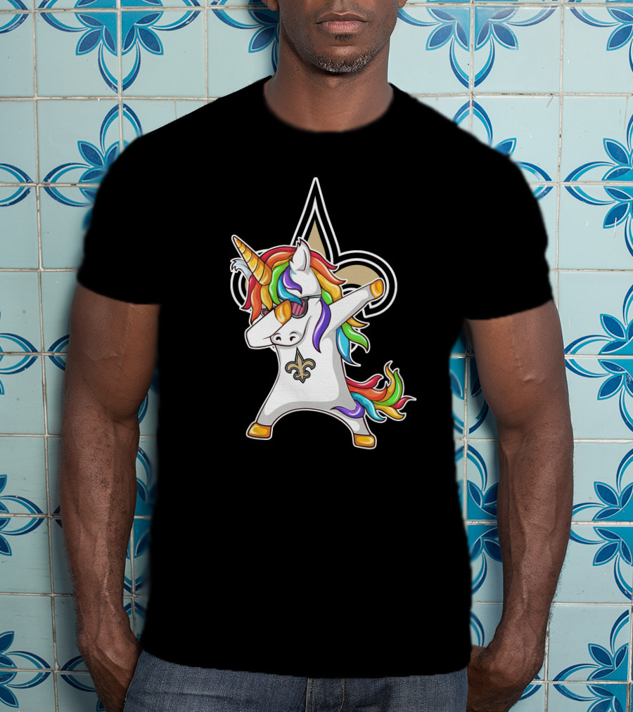 New Orleans Saints Unicorn Dabbing Fleur-de-Lis Rainbow Mane T-Shirt