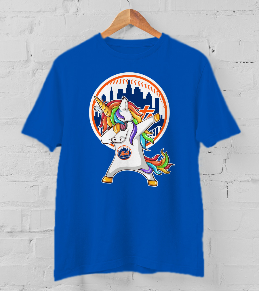 New York Mets Unicorn Dabbing Rainbow Skyline Baseball T-Shirt