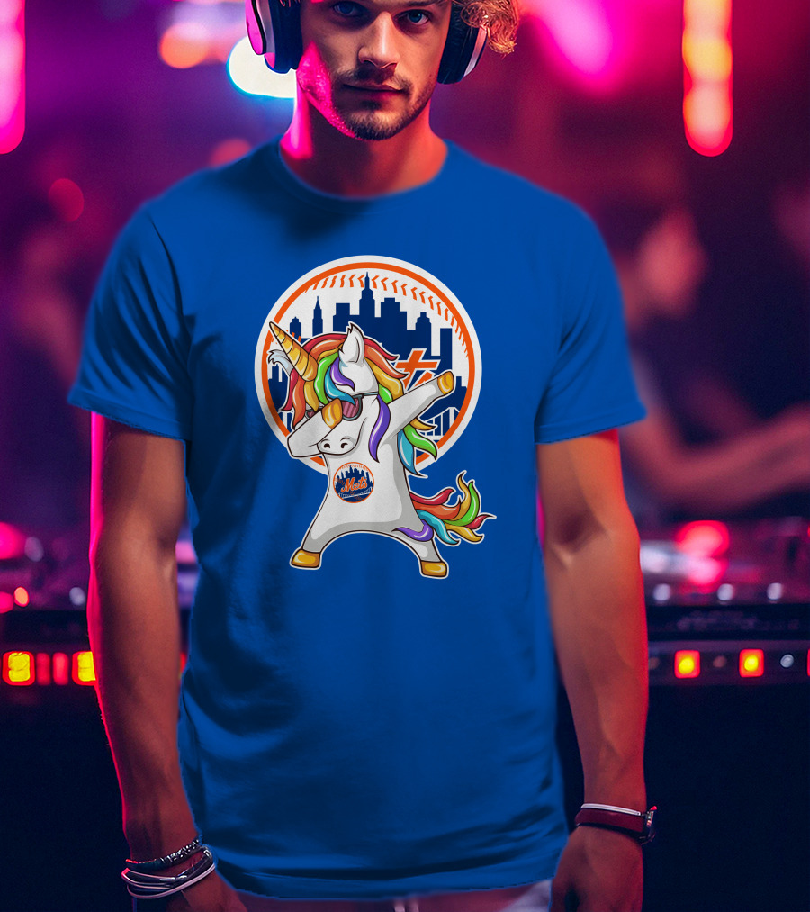 New York Mets Unicorn Dabbing Rainbow Skyline Baseball T-Shirt