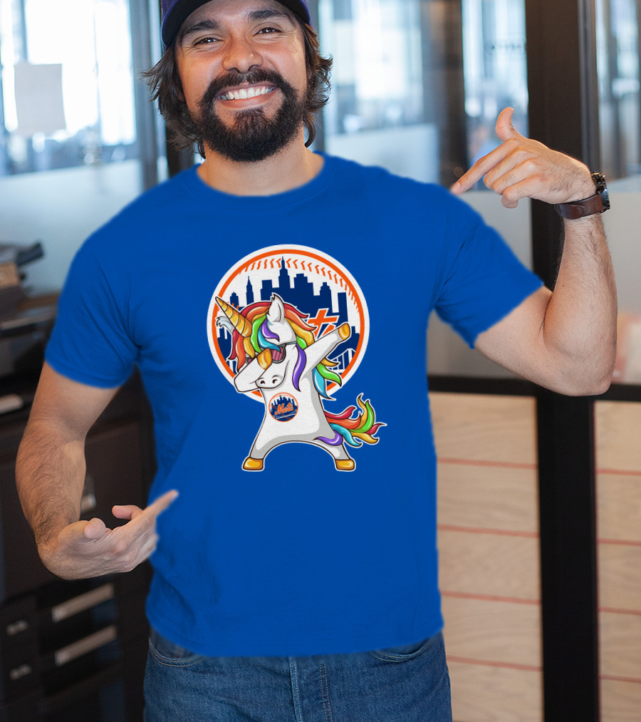 New York Mets Unicorn Dabbing Rainbow Skyline Baseball T-Shirt