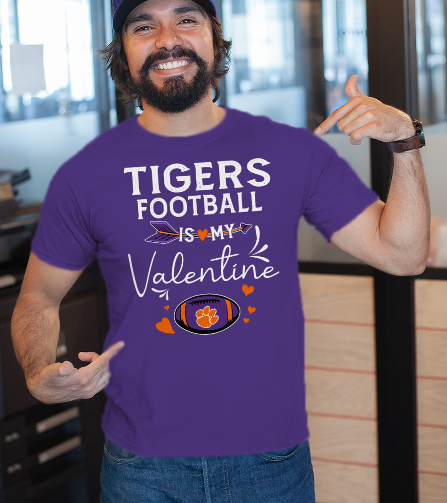 Tigers Football Is My Valentine With Paw Print And Hearts T-Shirt