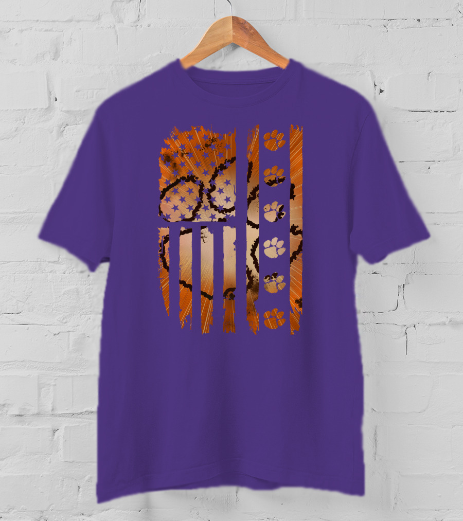 Clemson Tigers Paw Print American Flag T-Shirt