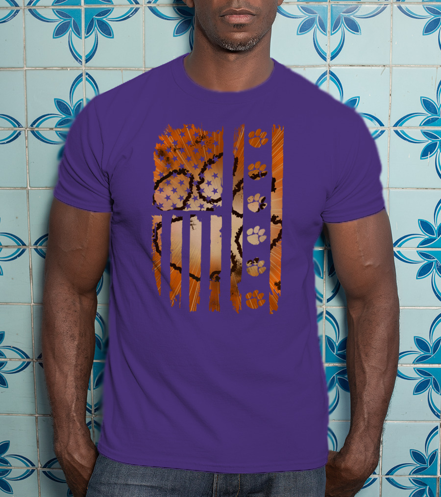 Clemson Tigers Paw Print American Flag T-Shirt