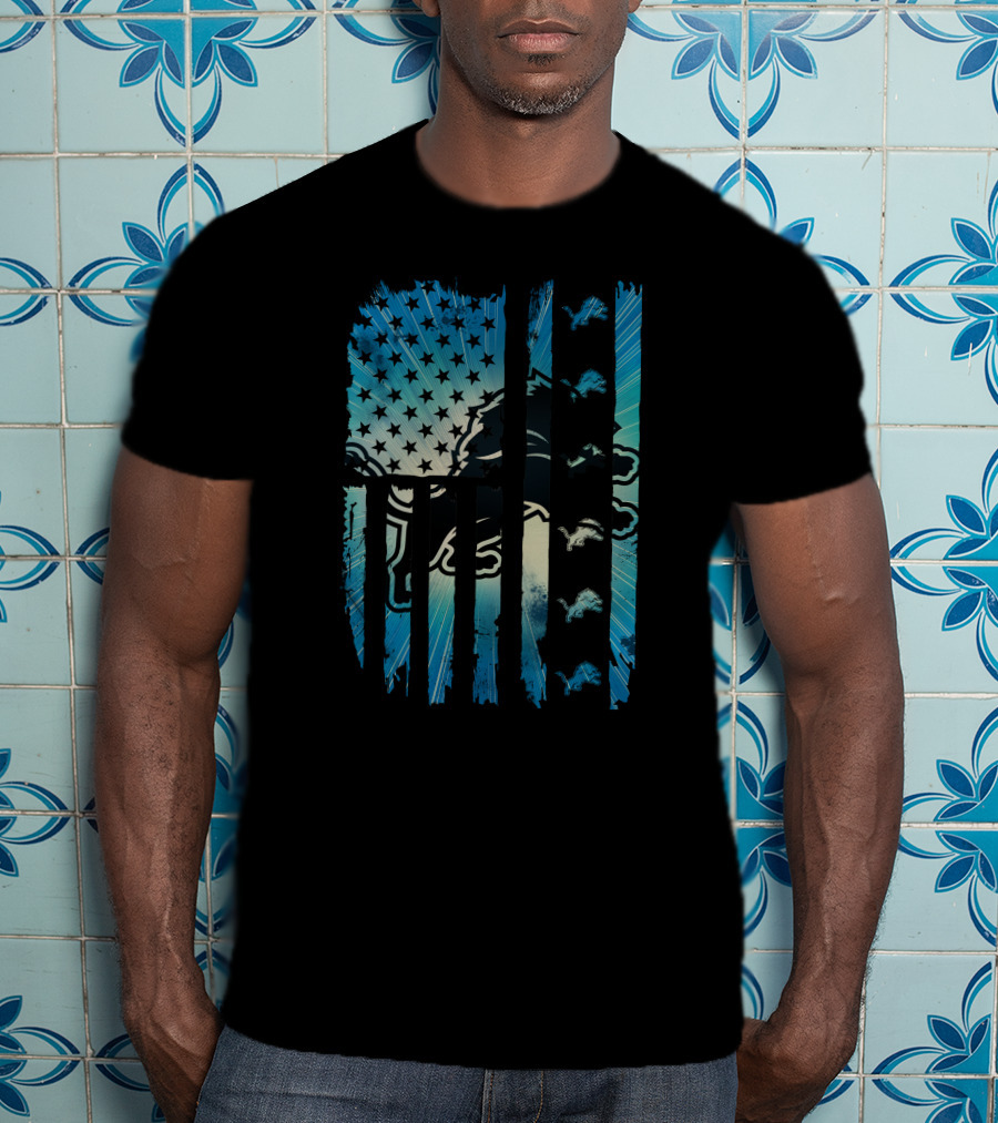 Detroit Lions American Flag Blue Starburst T-Shirt