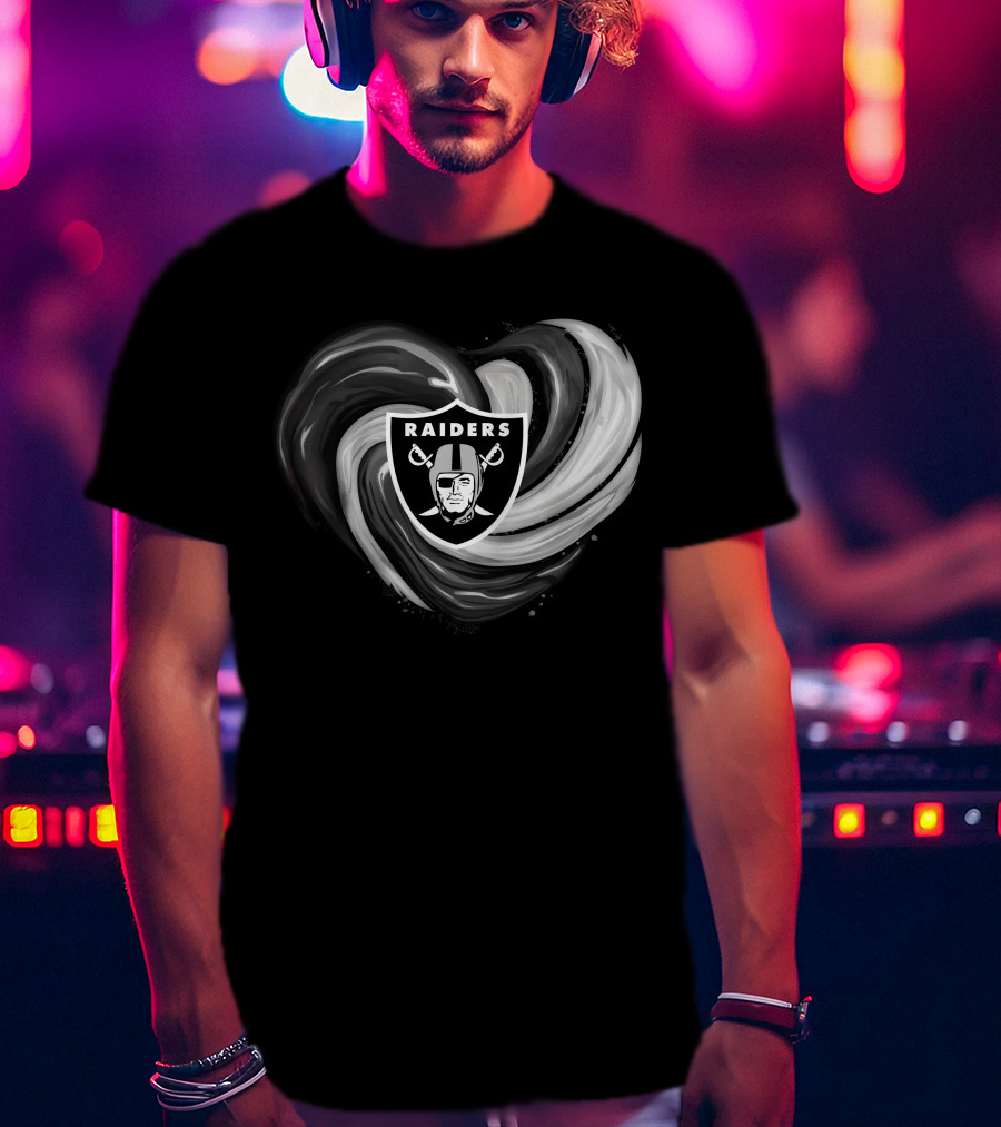 Las Vegas Raiders Heart Design With Logo In Black And White Swirl T-Shirt