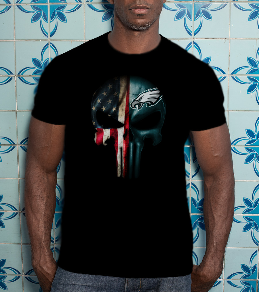 American Flag Punisher Skull With Philadelphia Eagles T-Shirt