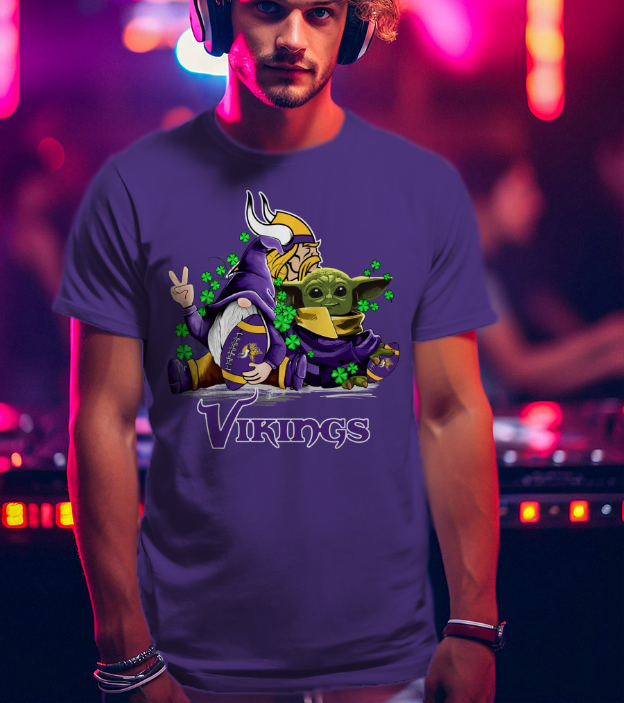 Leprechauns Gnomes Baby Yoda Hug Vikings Football Team T-Shirt
