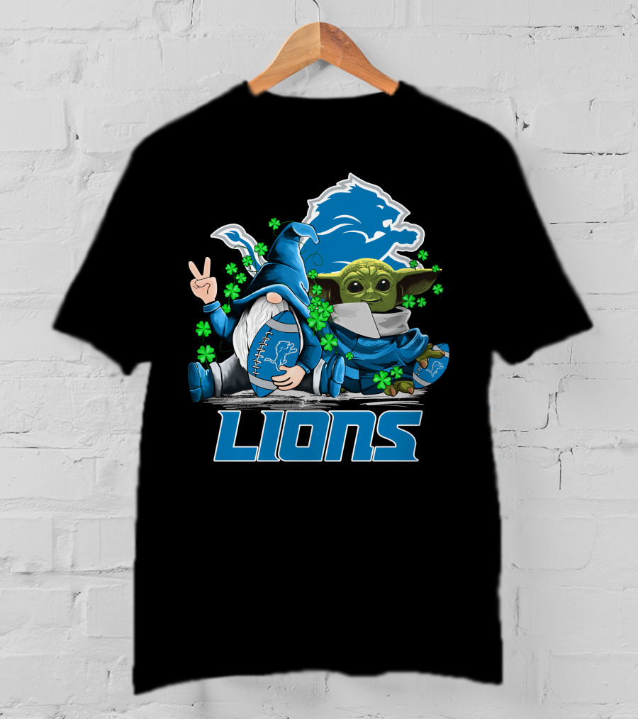 Leprechauns Gnomes Baby Yoda Lions Football Detroit Clover Hug T-Shirt
