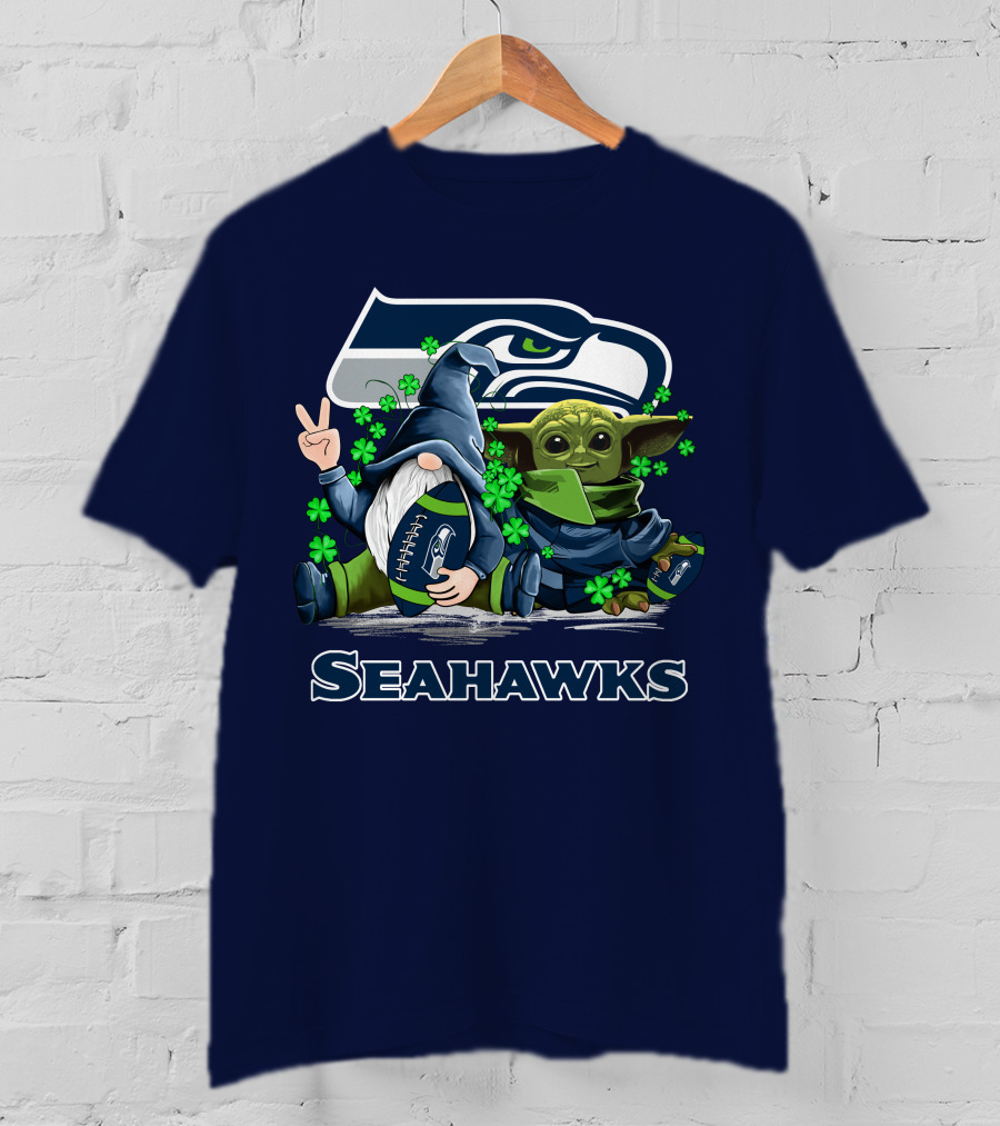 Leprechauns Gnomes Baby Yoda Seattle Seahawks Hug Football T-Shirt