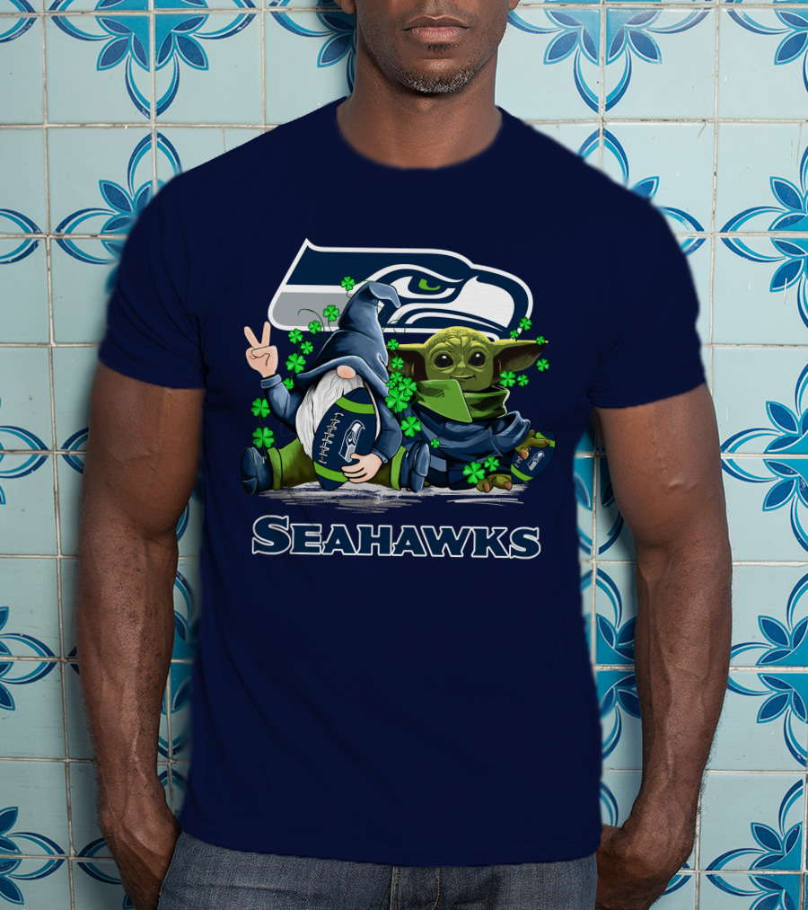 Leprechauns Gnomes Baby Yoda Seattle Seahawks Hug Football T-Shirt