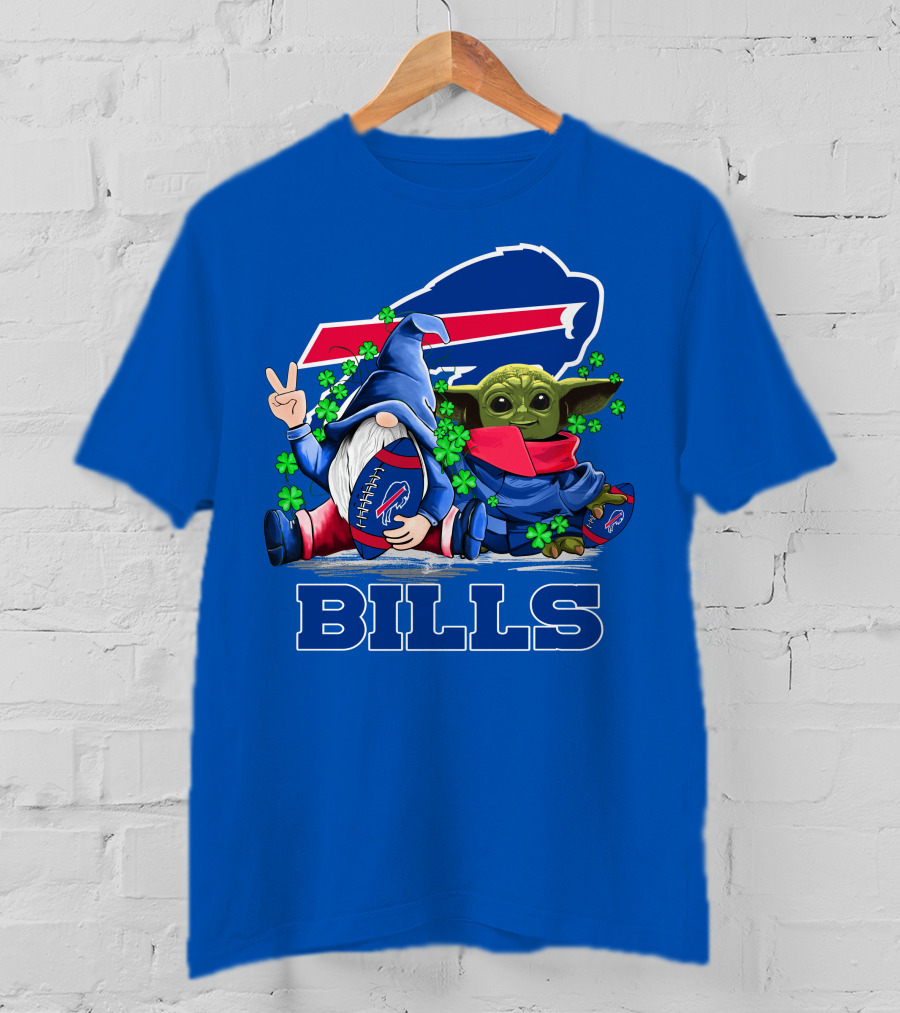 Leprechauns Gnomes Baby Yoda Hug Buffalo Bills Football Team Logo Shamrocks T-Shirt