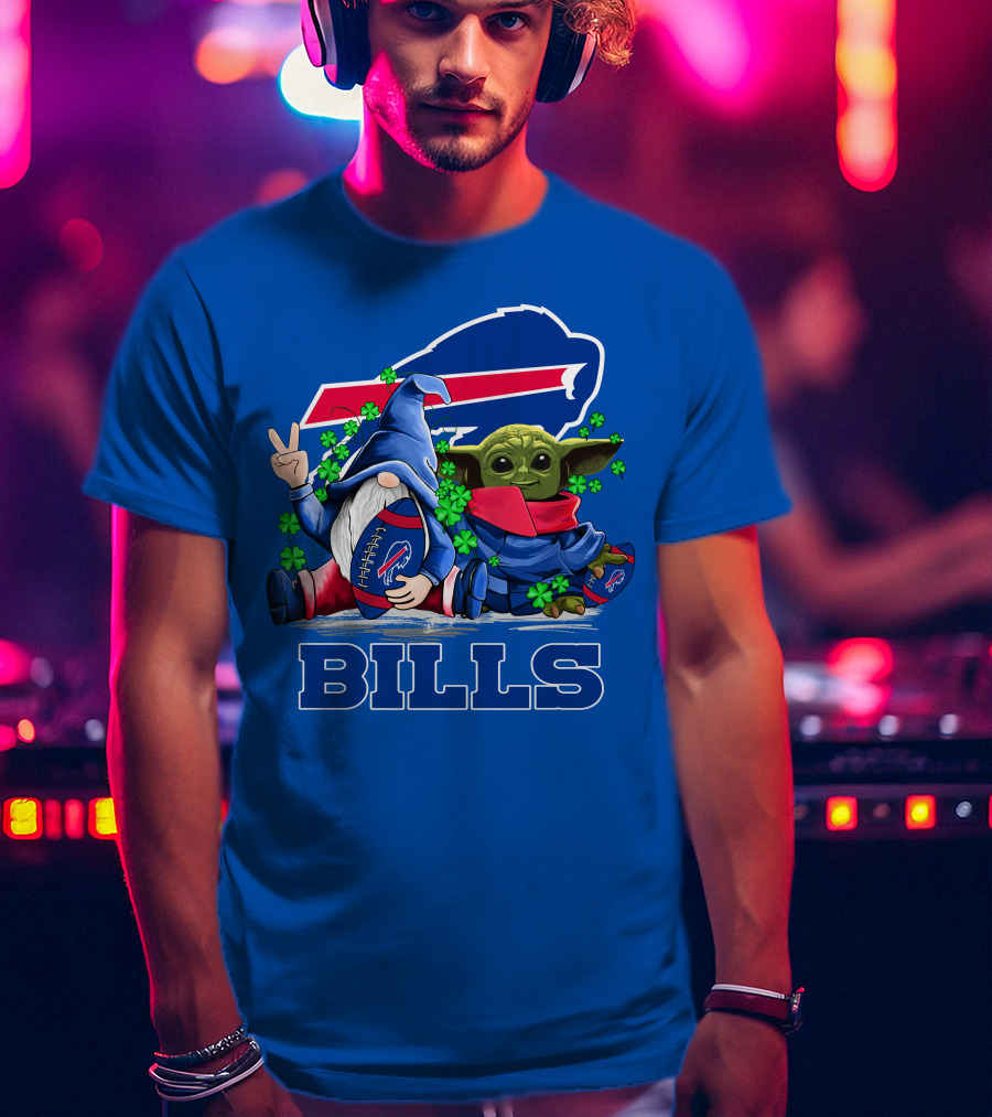 Leprechauns Gnomes Baby Yoda Hug Buffalo Bills Football Team Logo Shamrocks T-Shirt