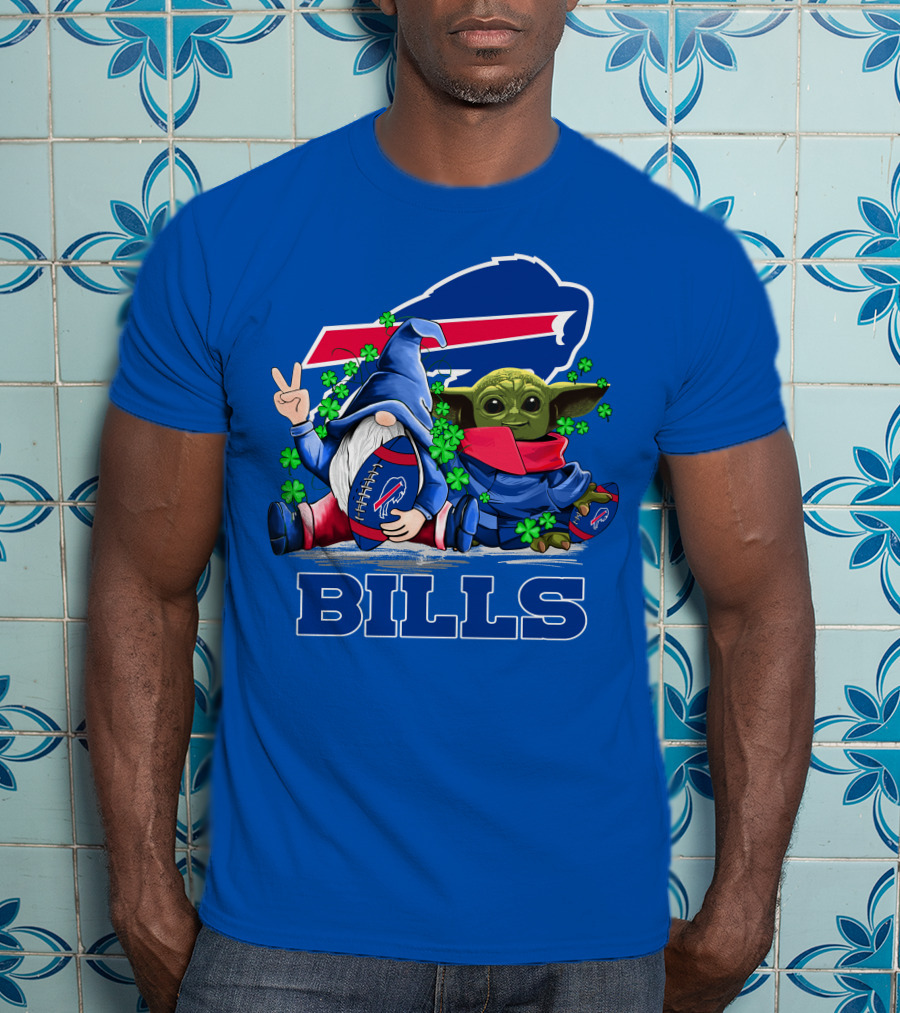 Leprechauns Gnomes Baby Yoda Hug Buffalo Bills Football Team Logo Shamrocks T-Shirt
