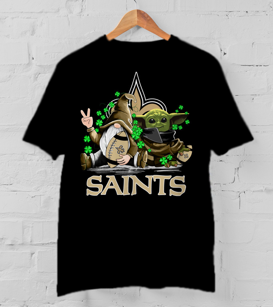 Leprechauns Gnomes Baby Yoda New Orleans Saints Football Shamrocks T-Shirt