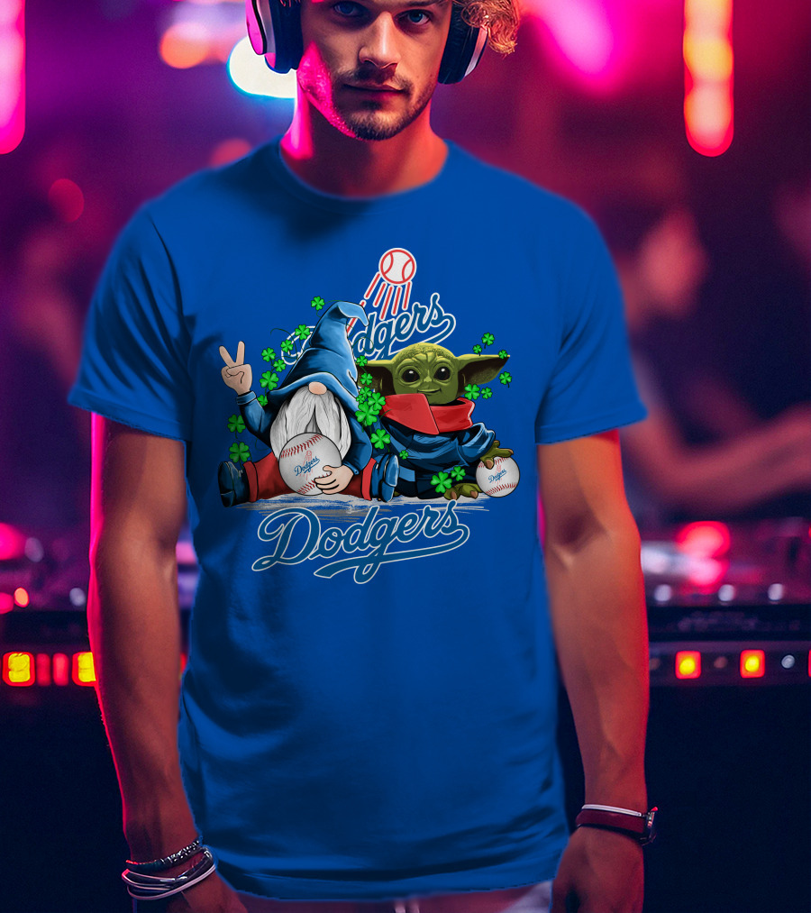 Dodgers Gnomes And Baby Yoda With Baseball And Shamrocks T-Shirt
