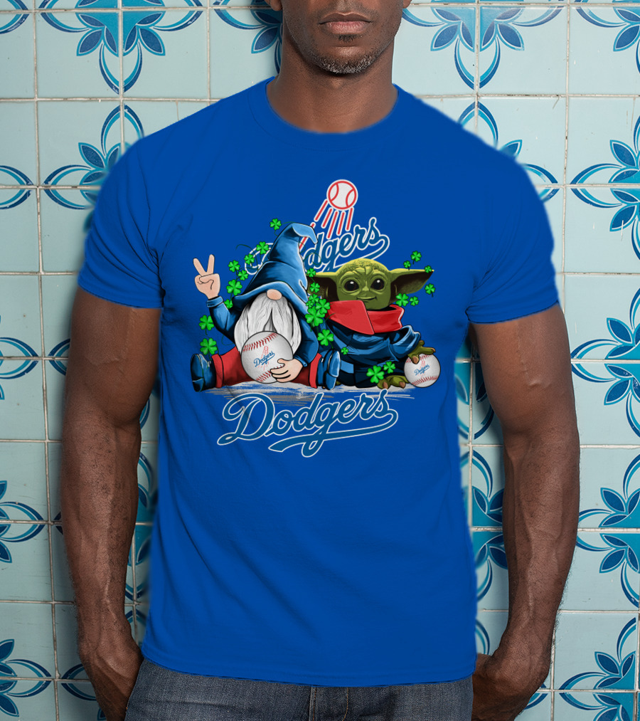 Dodgers Gnomes And Baby Yoda With Baseball And Shamrocks T-Shirt