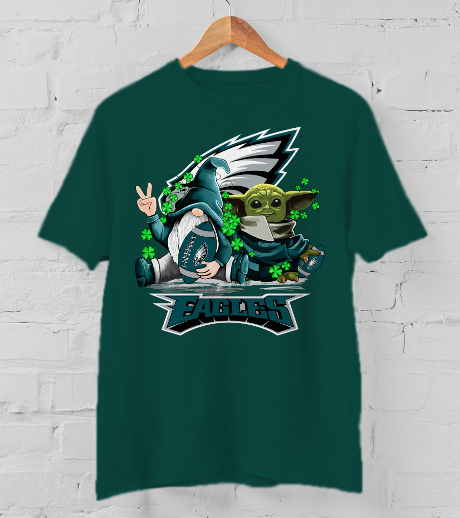 Philadelphia Eagles Leprechauns Gnomes Baby Yoda Hug Football T-Shirt