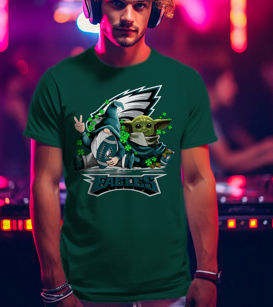 Philadelphia Eagles Leprechauns Gnomes Baby Yoda Hug Football T-Shirt