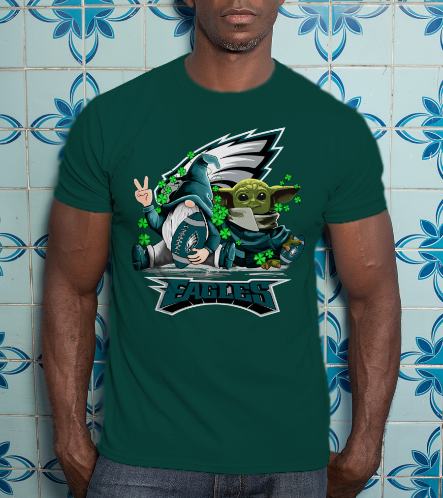 Philadelphia Eagles Leprechauns Gnomes Baby Yoda Hug Football T-Shirt