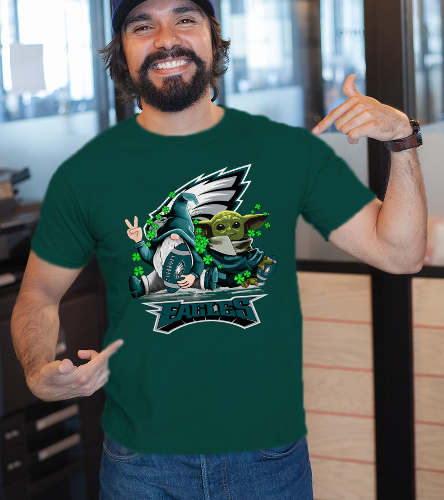 Philadelphia Eagles Leprechauns Gnomes Baby Yoda Hug Football T-Shirt
