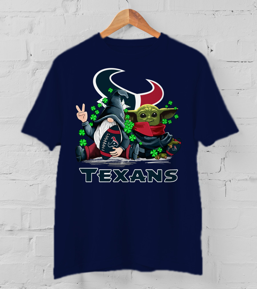Leprechauns Gnomes Baby Yoda Houston Texans Football Clover T-Shirt
