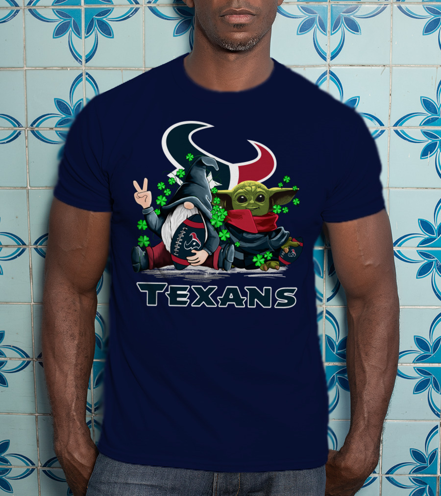 Leprechauns Gnomes Baby Yoda Houston Texans Football Clover T-Shirt