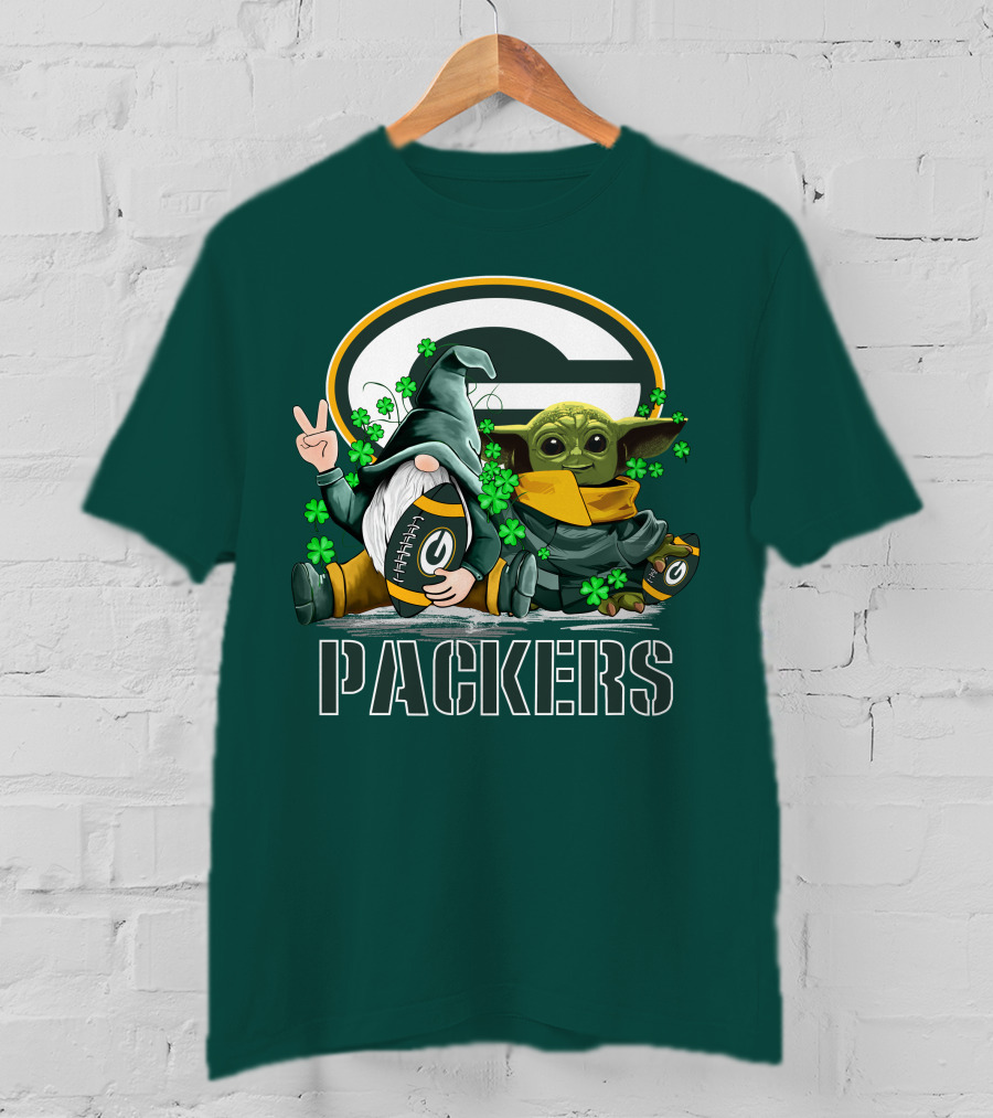 Leprechauns Gnomes Baby Yoda Packers Logo Shamrocks Hug Green Bay T-Shirt