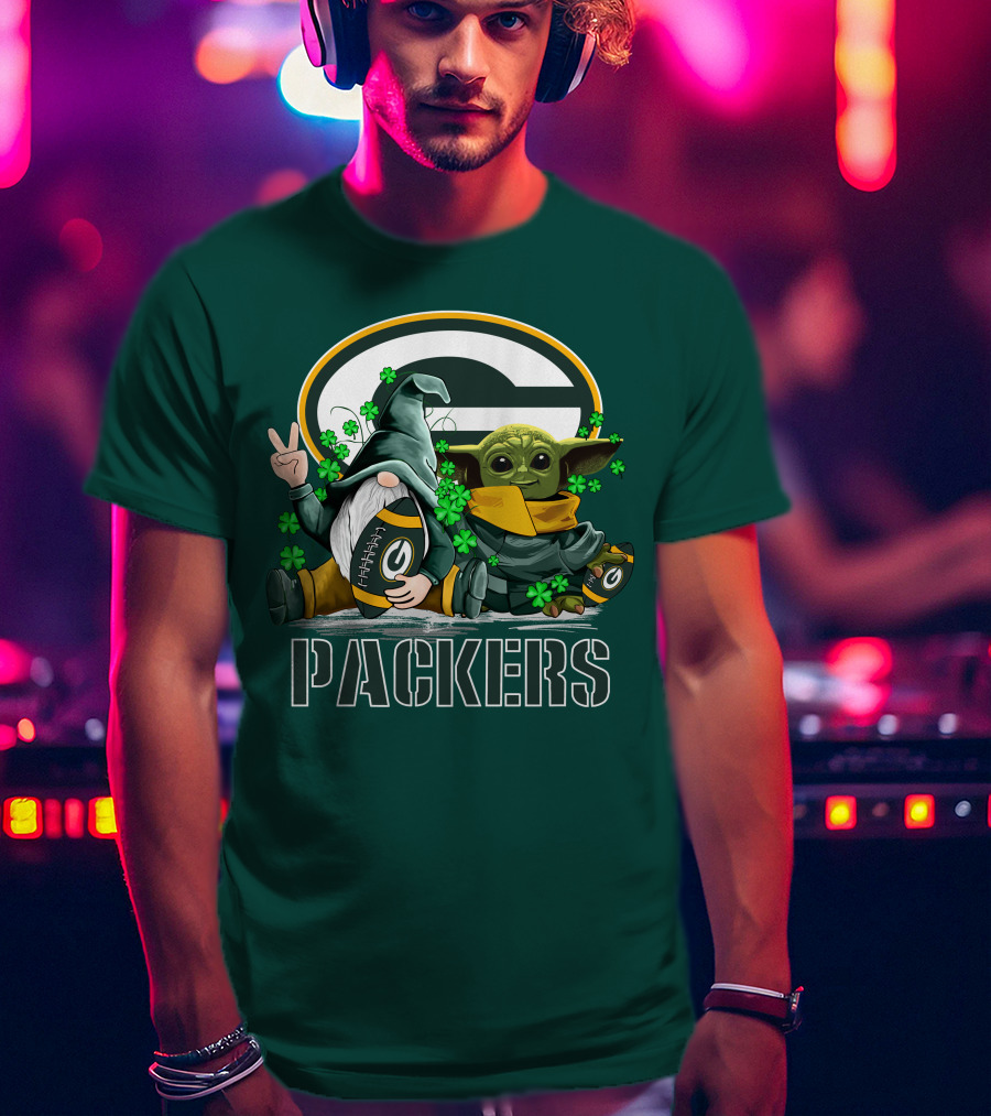 Leprechauns Gnomes Baby Yoda Packers Logo Shamrocks Hug Green Bay T-Shirt