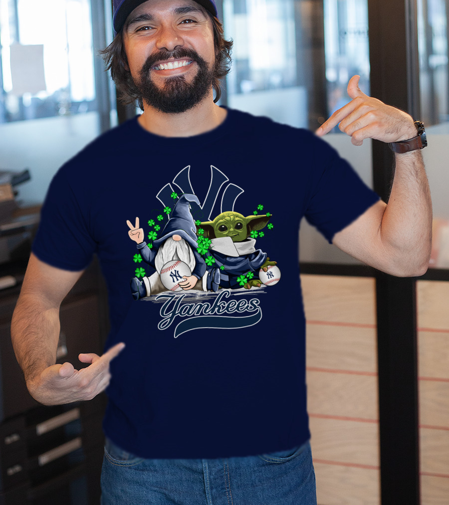 Leprechaun Gnome Baby Yoda Yankees Logo Baseball Fan T-Shirt