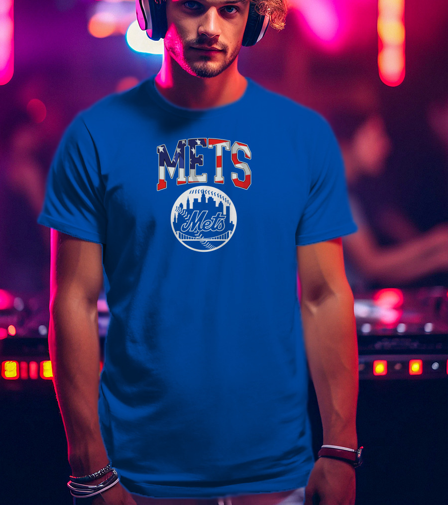 Mets American Flag Skyline Baseball T-Shirt