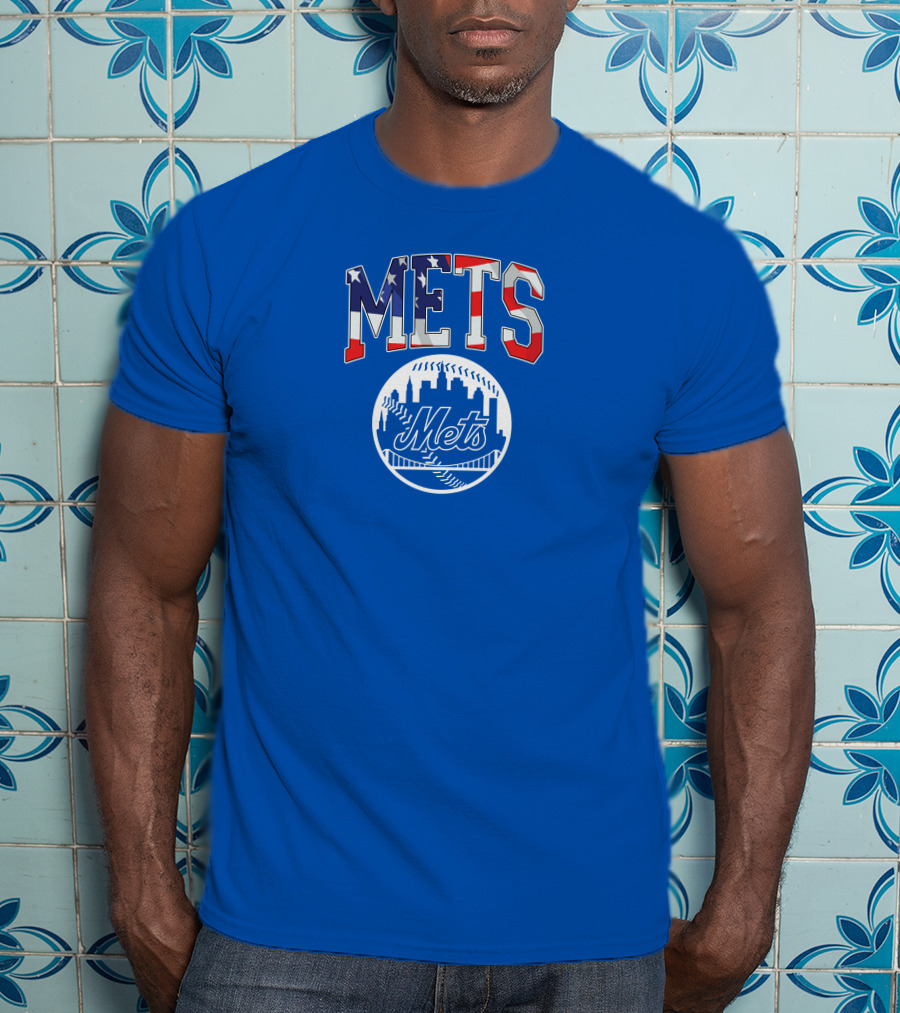 Mets American Flag Skyline Baseball T-Shirt