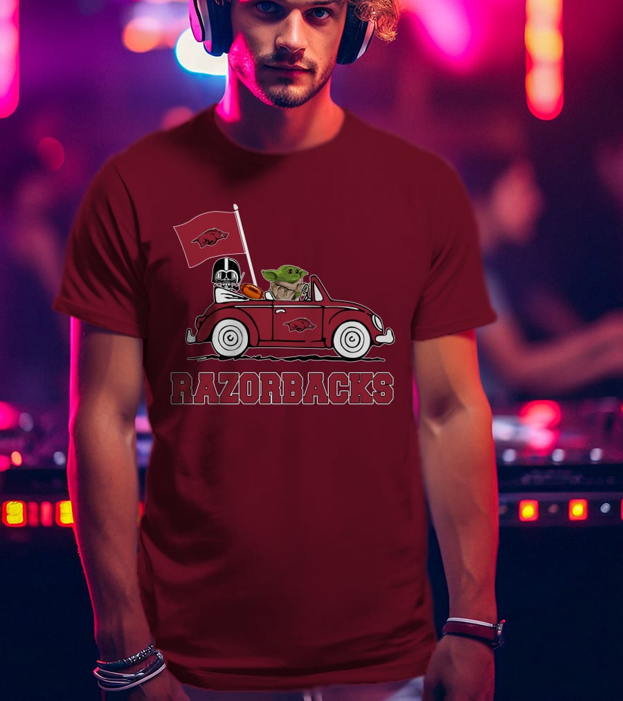 Arkansas Razorbacks Darth Vader Baby Yoda Driving Star Wars Car T-Shirt