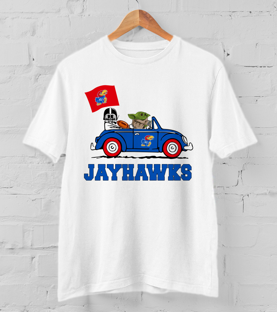 Kansas Jayhawks Darth Vader Baby Yoda Driving With Flag Star Wars Football T-Shirt