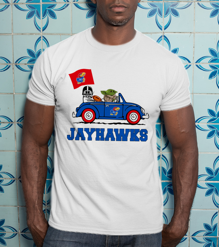 Kansas Jayhawks Darth Vader Baby Yoda Driving With Flag Star Wars Football T-Shirt