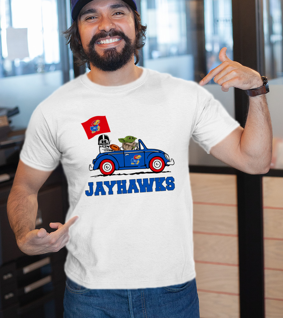 Kansas Jayhawks Darth Vader Baby Yoda Driving With Flag Star Wars Football T-Shirt