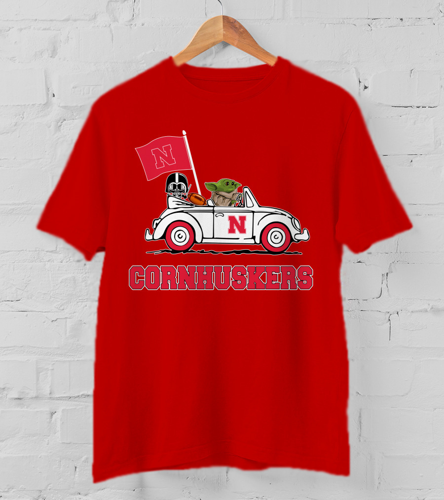 Cornhuskers Darth Vader Baby Yoda Driving Nebraska Car Star Wars T-Shirt
