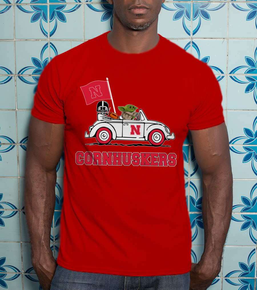 Cornhuskers Darth Vader Baby Yoda Driving Nebraska Car Star Wars T-Shirt