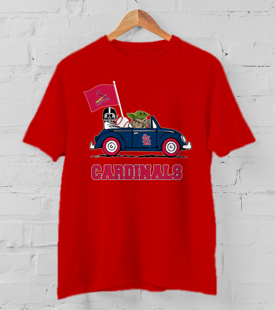 St Louis Cardinals Darth Vader Baby Yoda Driving Car Star Wars Baseball T-Shirt