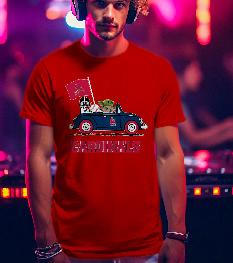 St Louis Cardinals Darth Vader Baby Yoda Driving Car Star Wars Baseball T-Shirt