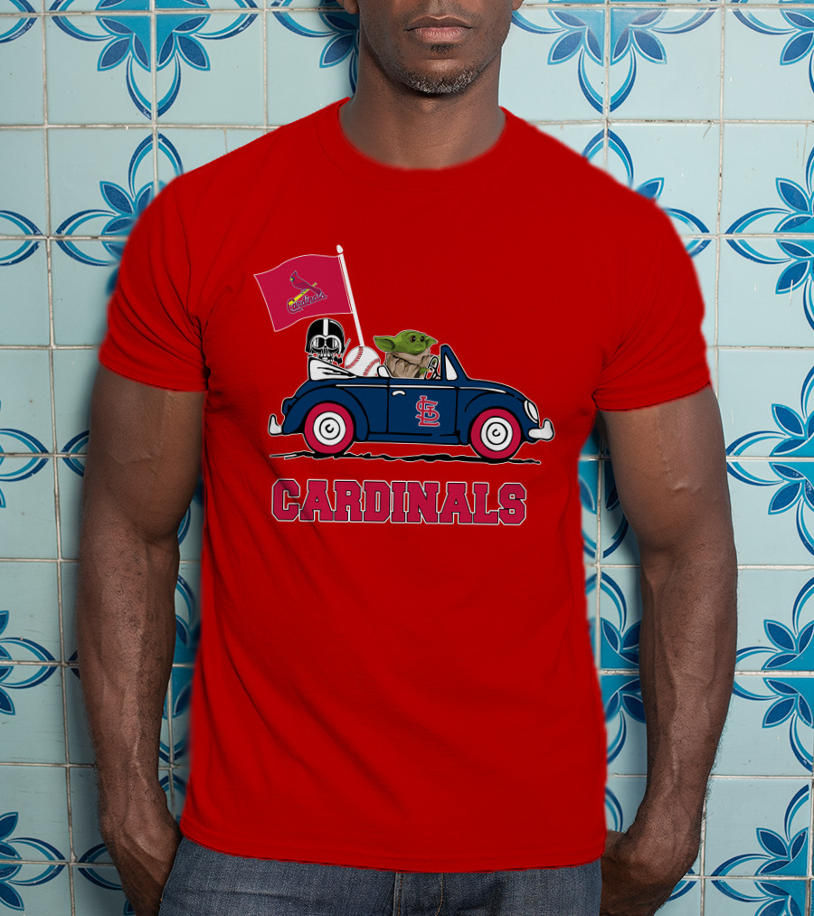 St Louis Cardinals Darth Vader Baby Yoda Driving Car Star Wars Baseball T-Shirt