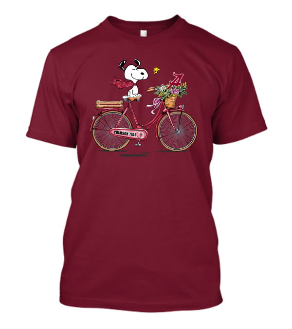 Alabama Crimson Tide Snoopy On Bicycle With Flowers And Woodstock T-Shirt