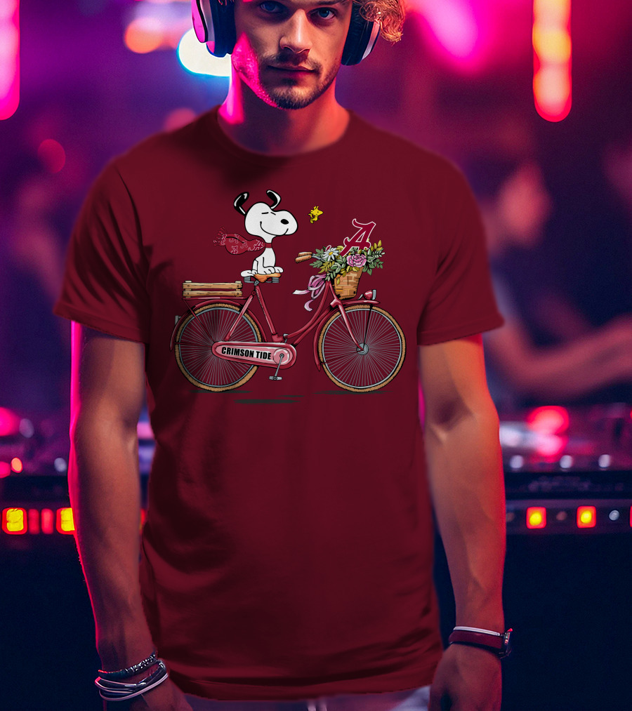 Alabama Crimson Tide Snoopy On Bicycle With Flowers And Woodstock T-Shirt