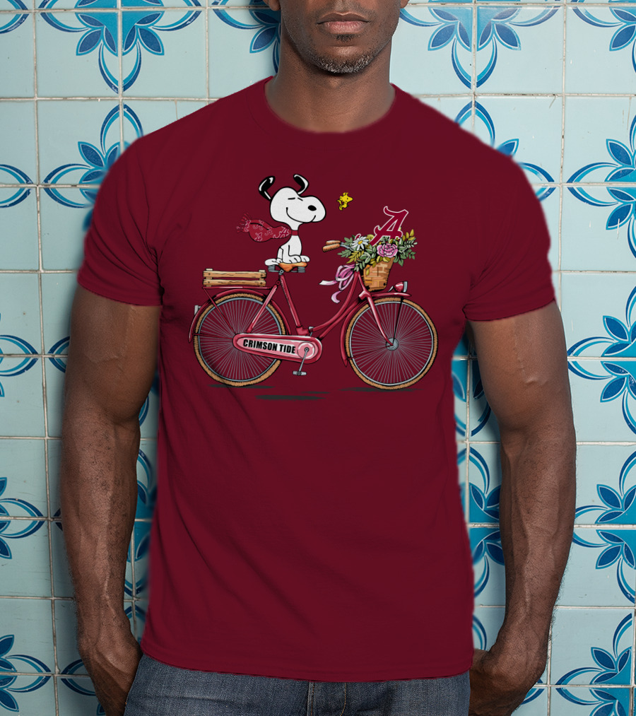 Alabama Crimson Tide Snoopy On Bicycle With Flowers And Woodstock T-Shirt