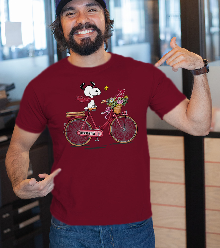 Alabama Crimson Tide Snoopy On Bicycle With Flowers And Woodstock T-Shirt