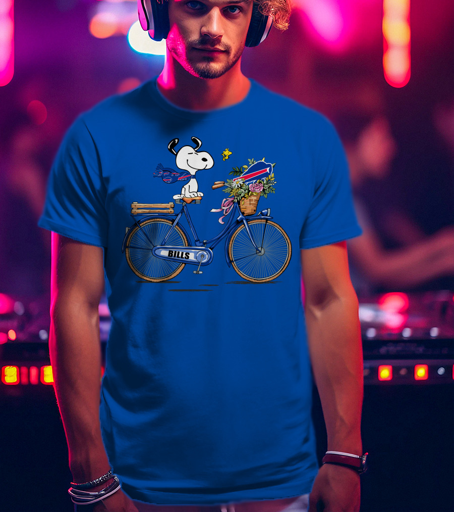 Buffalo Bills Snoopy Bicycle With Woodstock And Football Elements T-Shirt