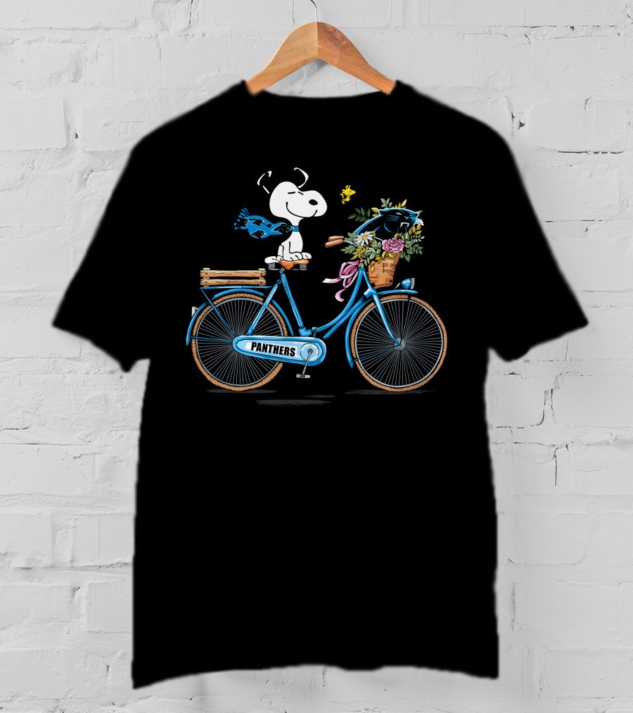 Panthers Snoopy On Bicycle With Flowers And Woodstock T-Shirt